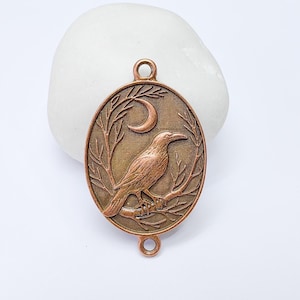 Raven and Moon Connector Charm Pendant, Gothic Boho Charm, Nature Earring, Mystical Bird, Double Hole, Antique Copper Plated 45x28mm G37260
