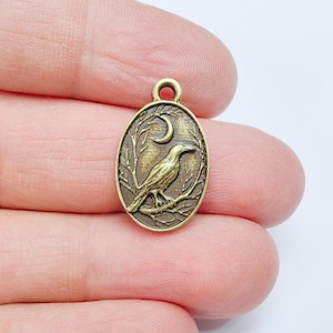 Raven and Moon Charm Pendant, Gothic Boho Charm, Nature Earring Charm, Mystical Bird, Necklace Parts, Antique Bronze Plated 23x14mm G36876