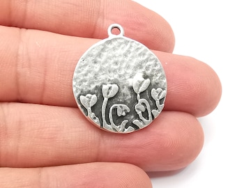 Flower Garden Charms Antique Silver Plated Hammered Charms (24mm) G28625