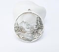 Mountain Tree and Flowers Pendant, Nature Forest Landscape Earring, Pine Tree Jewelry Component, Antique Silver Plated 44x39mm G37209