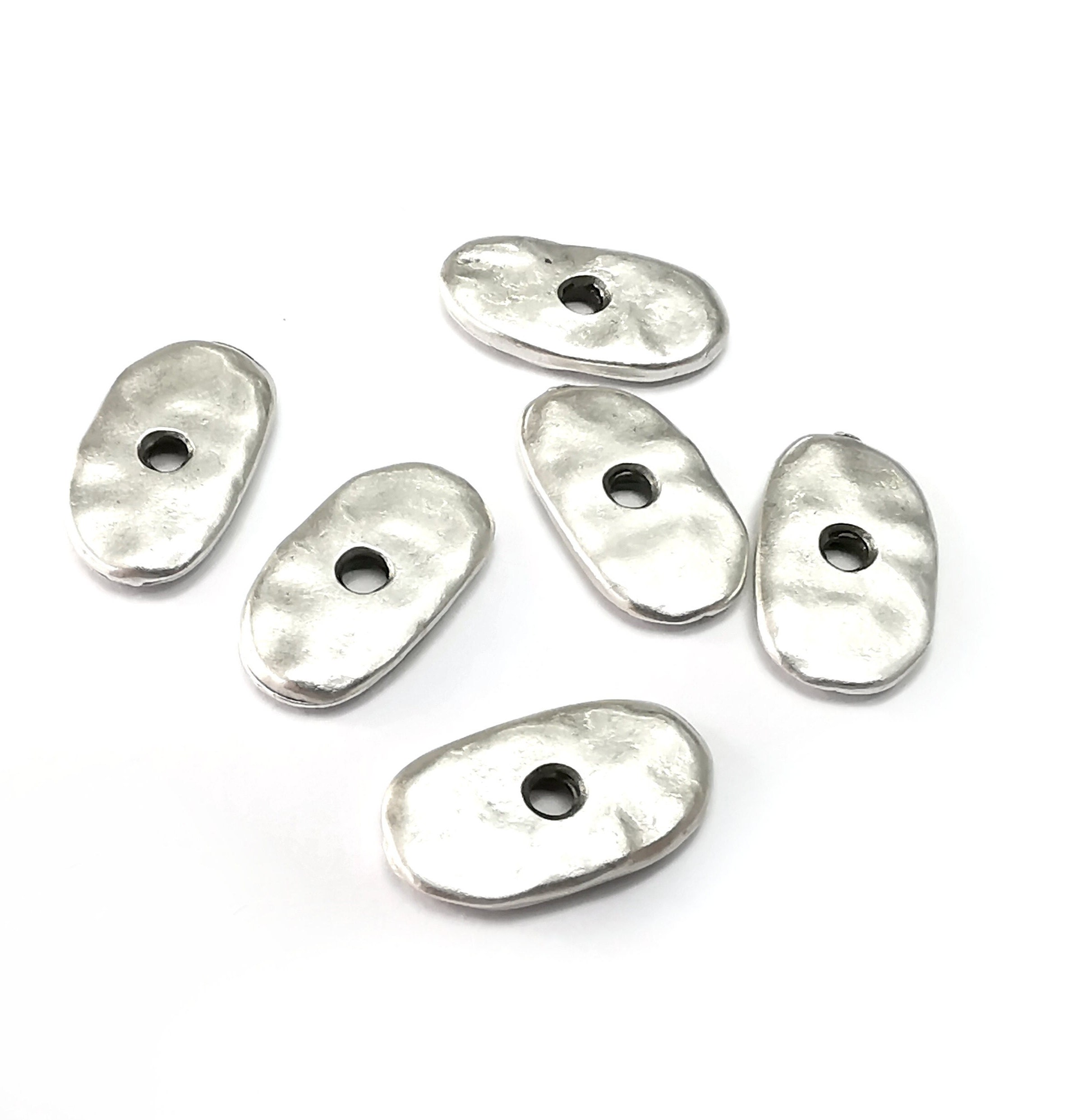 Hammered Disc, Middle Hole Charms, Oval Antique Silver