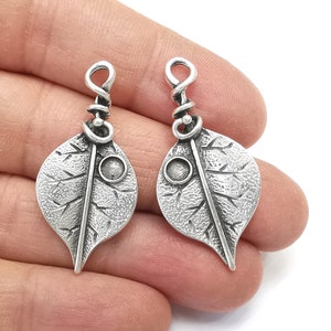 Leaf Charm, Antique Silver Plated Dangle Charms 40x19mm (4mm bezel) (Left - Right Set) G27460
