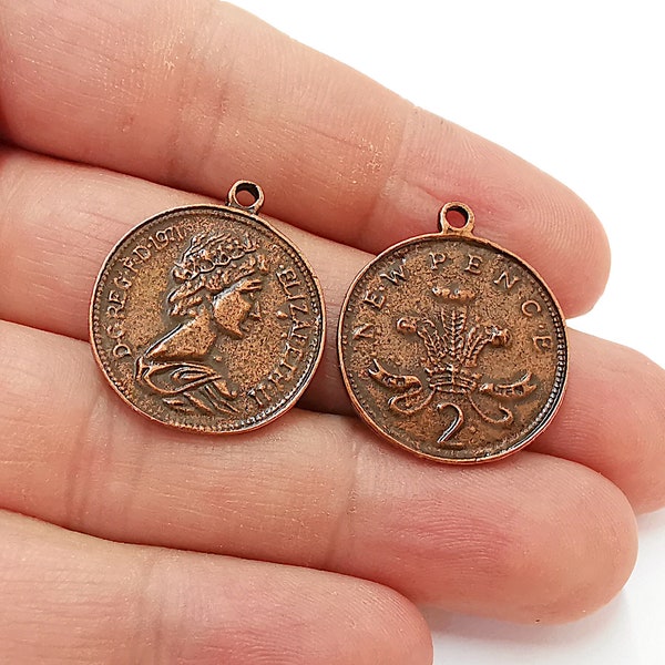 2 Coin Charms Antique Copper Plated Charms  (27x23 mm)  G21657