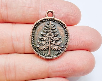 Pine Tree Charm Pendant, Round Forest Design, Antique Copper Color, 28x24mm, G37722