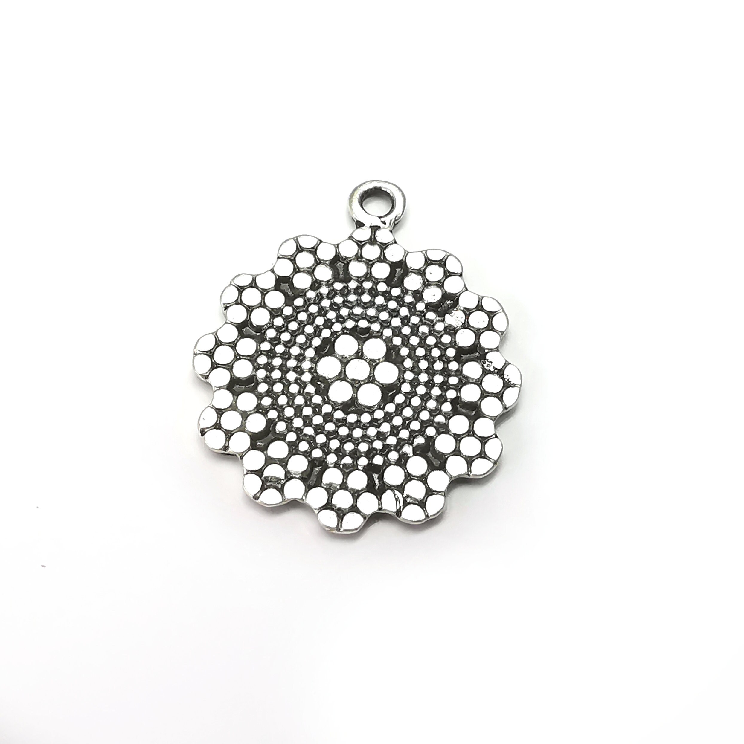 Flower, Disc Round Charms, Antique Silver Plated (39x33mm