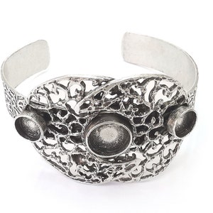 Filigree silver bracelet brass cuff blank bezel Glass cabochon base Adjustable antique silver brass (12 and 8mm) G26187