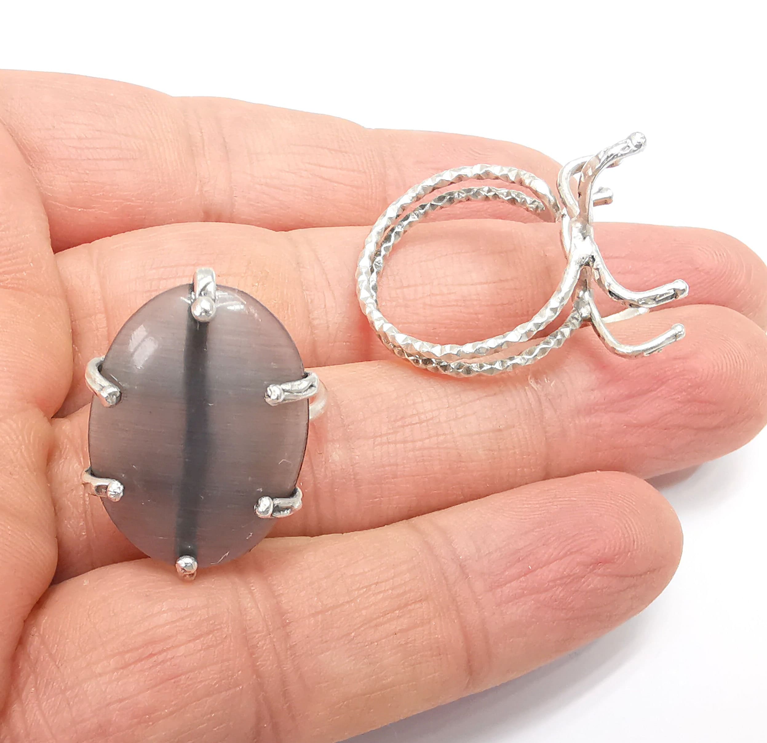 Silver Claw Ring Setting, Cabochon Blank, Resin Bezel, Oval Mounting, Claw Frame Base, Adjustable Antique Silver Plated Brass 25x18mm G35218
