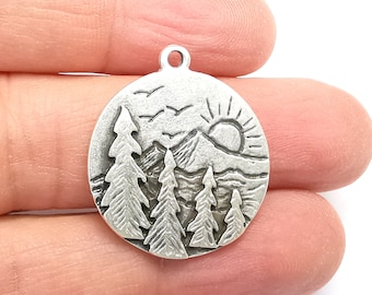 Sun Mountain Tree Landscape Charms Pendant Antique Silver Plated Charms (30x26mm) G29654