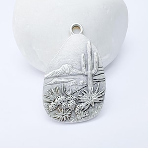Desert Landscape Pendant, Cactus Teardrop Charm, Southwestern Jewelry, Mountain Nature Boho Pendant, Antique Silver Plated 35x22mm G37210