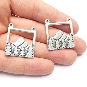 2 Mountain Landscape Pine Tree Connector Pendant Charms Antique Silver Plated Pendant (29x26mm) G26610