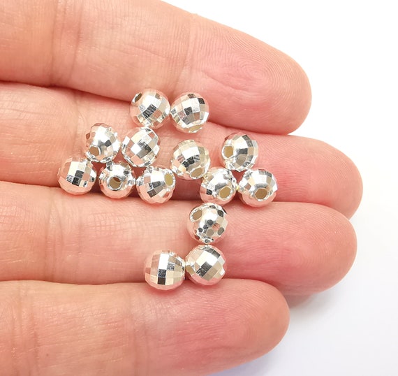 Sterling Silver Faceted Mirror Round Ball Beads, 925 Solid Silver Beads,  Disco Ball Beads, 7mm Silver Bracelet Necklace Beads 7mm G30363 