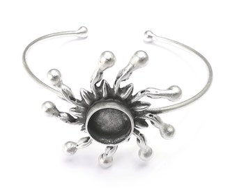 Sun Silver Bracelet Blank Resin Cuff Dry Bezel Cabochon Base Adjustable Antique Silver Plated Brass (12mm Blanks) G27138