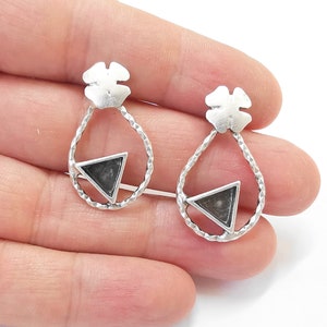 Four Leaf Clover Triangle Blank Silver Earring Set Base Wire Antique Silver Plated Brass Earring Base (8mm blank) G27043
