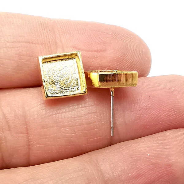 Gold Square Blank Earring Bezel Set Base Shiny Gold Plated Brass Earring Stud Base (8mm blank) G33357