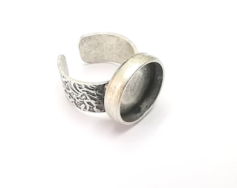 Anello rotondo in argento antico con montatura vuota, montaggio cabochon, castoni di base per anelli in resina regolabili, anello intarsiato con castone per anelli in mosaico (16 mm) G28612