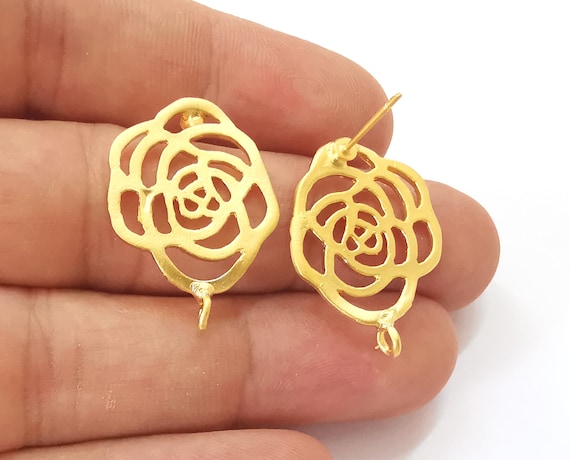 2 Rose Flower Earring Stud Base Gold Plated Brass Earring 1 Pair