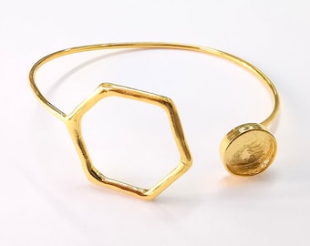 Hexagonal Bracelet Brass Cuff Blank Bezel Cabochon Base Adjustable Shiny Gold Plated Brass (12mm blank) G27041