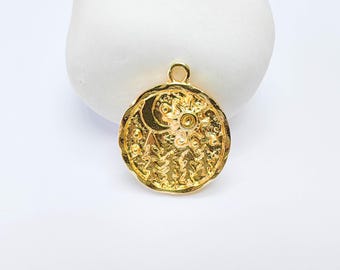 Sun Moon Forest Charm, 25x21mm Nature Pendant, 24K Gold Color, G37696