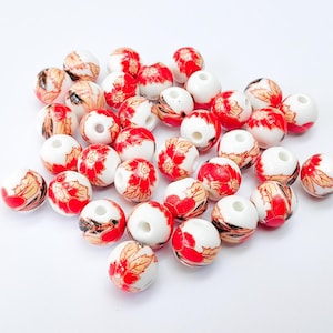Red Floral Porcelain Beads, 10mm Round Ceramic Beads with Hole, Jewelry Making Supplies, DIY Necklace Bracelet Earrings Craft G37064
