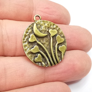 Heart Charms Crescent Moon Charms Hammered Disc Pendant Antique Bronze Plated (29x25mm) G29240