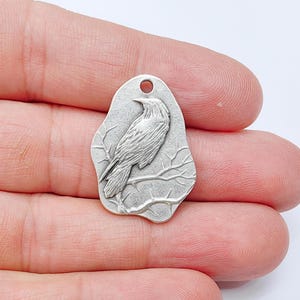 Raven Charm Charm, Gothic Boho Pendant, Bird on Branch Charm, Earring Charm, Crow Mystical Necklace, Antique Silver Plated 30x22mm G37098