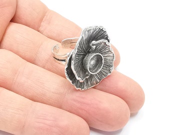 Flower silver ring blank base bezel settings cabochon base Mountings Adjustable (8mm blank) , Antique Silver Plated Brass G26415