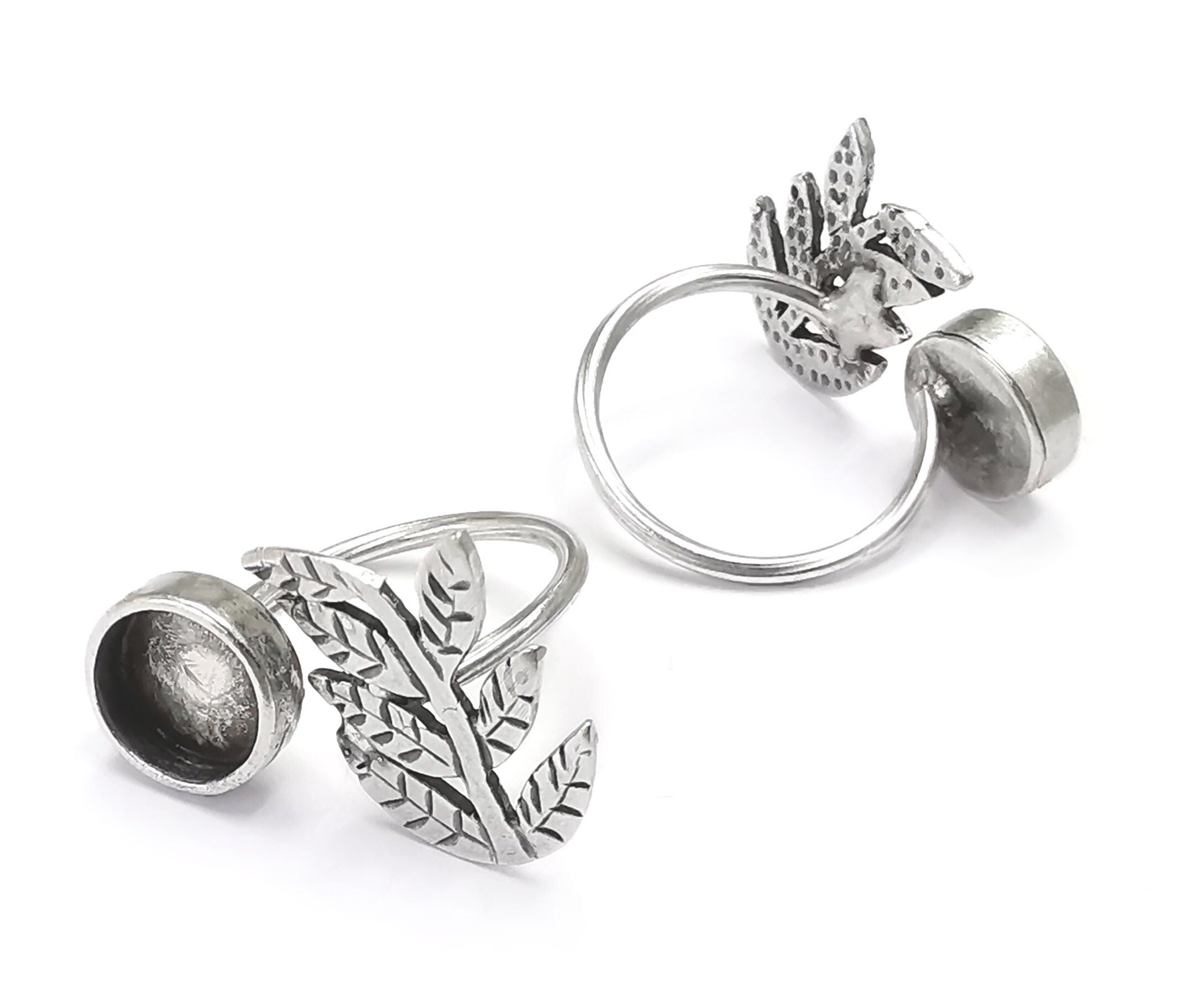 Leaf Branch Silver Ring Setting Blank Cabochon Mounting Adjustable Ring Base Bezel Antique Silver Plated Brass  (10 mm) G26866