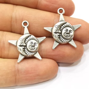 5 Sun,Moon and Star Charms Antique Silver Plated Charms (27x24mm)  G18149