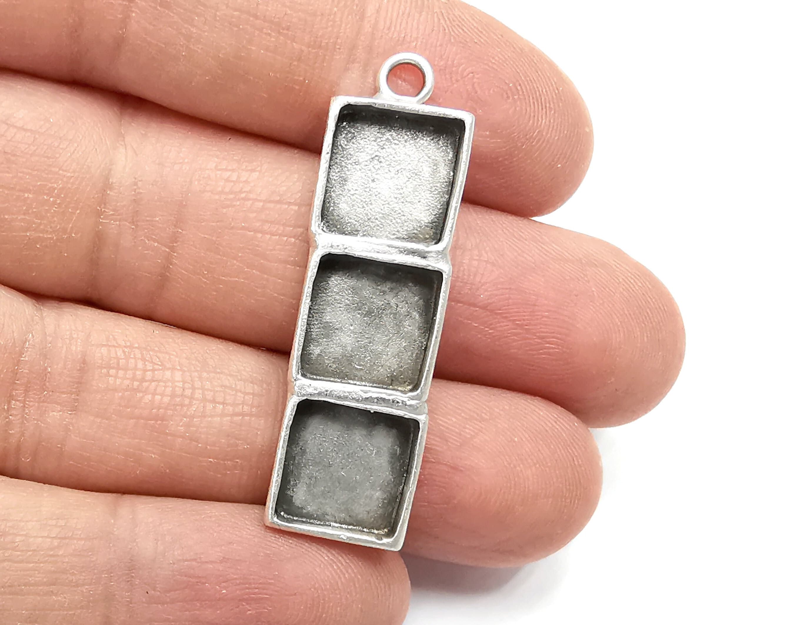 Square Pendant Blank Resin Bezel Mosaic Mountings Cabochon Setting Antique Silver Plated Brass (43x12mm)(10mm Bezels )  G27512