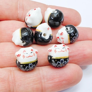 Porcelain Cat Bead, Black White Ceramic Animal Beads, Cute Cat Beads, Flower Bead, DIY Jewelry Making, Kids Craft Supplies, 14x13mm G37084
