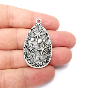 Nautical Charms, Starfish and Wave Detailed Boho Necklace Charm, Ocean-Themed Antique Silver Drop Pendant, 44x25mm Earring Charms G36379