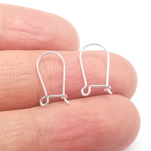 May include: Two silver earring hooks, also known as French hooks, are shown in a close-up image. The hooks are made of metal and have a simple design.