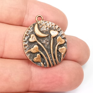 Heart Charms Crescent Moon Charms Hammered Disc Pendant Antique Copper Plated (29x25mm) G29022