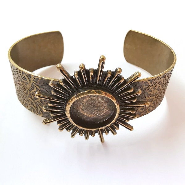 Sun Bracelet Blank Resin Cuff Dry Flower inlay Blank Cuff Bezel Glass Cabochon Base Textured Adjustable Antique Bronze (16mm ) G27571