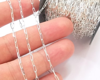 May include: A silver chain made of small, rectangular links. The chain is coiled on a spool and is held in a hand.