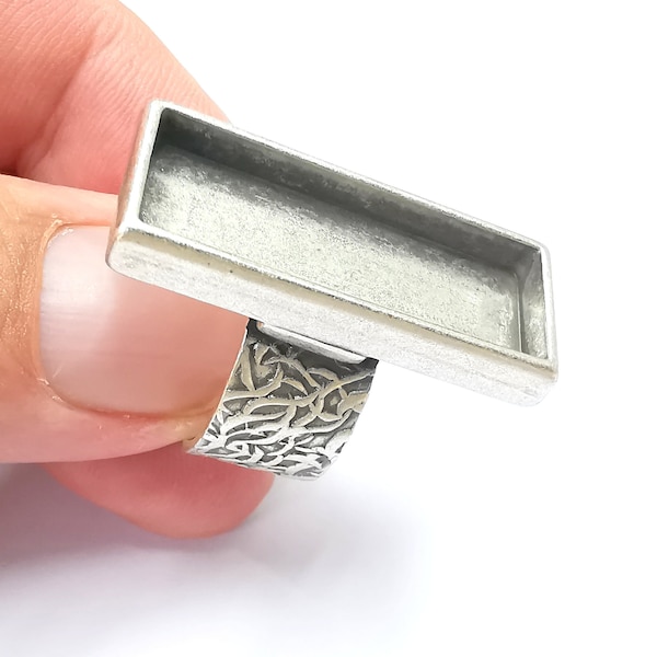 Rectangle Antique Silver Ring Blank Settings, Cabochon Mounting, Adjustable Resin Ring Base Bezel, Inlay Mosaic Ring Bezel (30x10mm) G28615