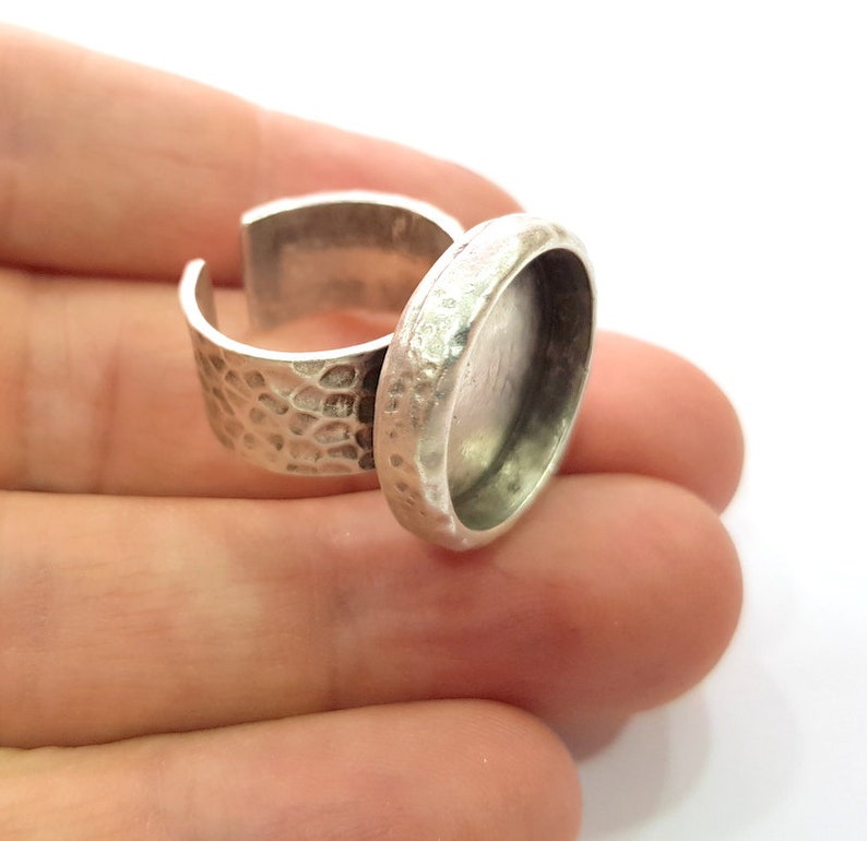 G20119 Ring Blank Setting Resin Dry Flower Base Hammered Ring Bezel inlay Back Glass Cabochon Mounting Adjustable Antique Silver Ring 18mm