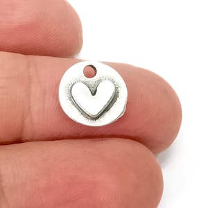 Heart (Double Sided) Disc Round Charms, Dangle Charms Antique Silver Plated (12mm) G33825
