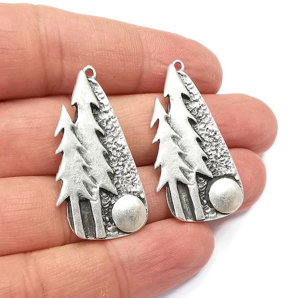 Pine Tree Forest Charms Full Moon Night Pendant Antique Silver Plated Charms (40x21mm) G27925