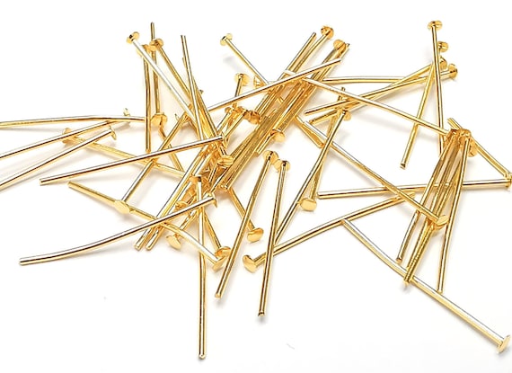 10 Gold Head Pins Shiny Gold Plated Brass Pin 25 Mm, Findings G27063 