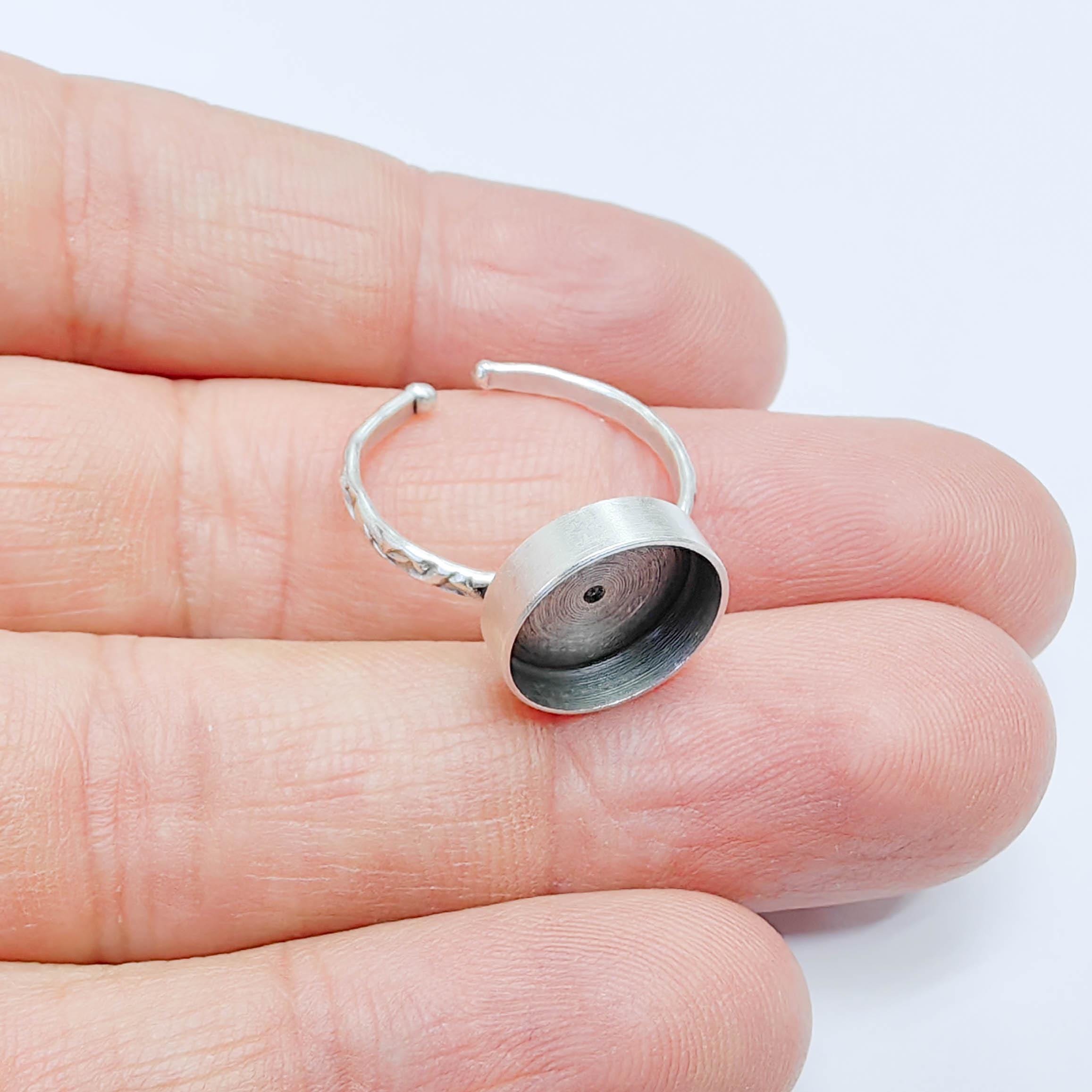 Adjustable Ring Base With Round Bezel Setting, Antique Silver Plated ...