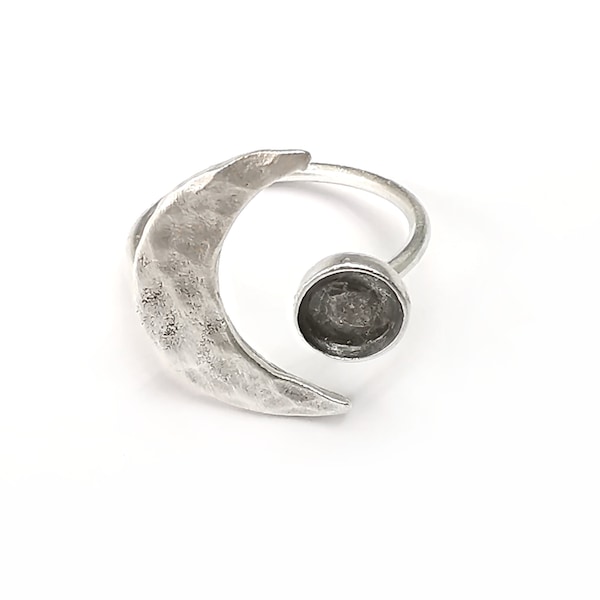 Halve maan zilveren ring blanco basis instellingen ring cabochon basis bevestigingen verstelbaar, antiek verzilverd messing (6 mm blanco) G33424