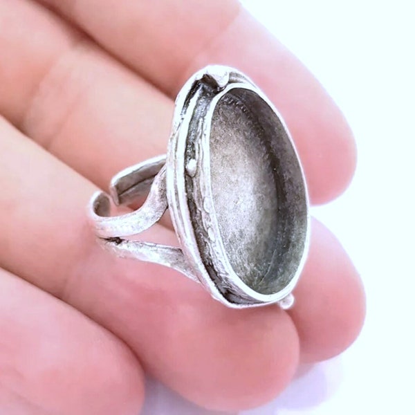 Silver Ring Blank Base Bezel Settings Cabochon Base Mountings Adjustable (25x18mm Blank) , Antique Silver Plated Brass G8139