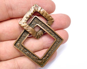 Square Dangle Charms, Boho Charms, Earring Charms, Copper Rustic Pendant, Necklace Parts, Antique Copper Plated Zamac 64x52mm G36521