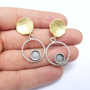 Gold and Silver Round Earring Blank Base Antique Silver Plated Brass Earring Bezel (6mm cabochon bezel) (45x22mm) G34706