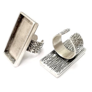 Rectangle Ring Blank Settings, Cabochon Mounting, Adjustable Antique Silver Resin Ring Base Bezel, Inlay Mosaic Epoxy (35x16mm) G33872