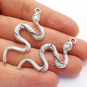 May include: Two silver snake charms with a textured surface. The snake charms have a loop at the top for attaching to a necklace or bracelet.