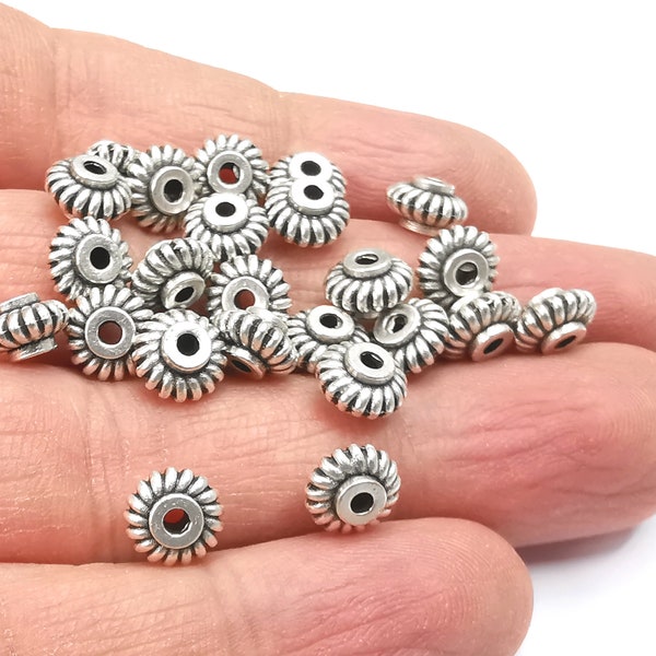 Ribbed Round Beads Antique Silver Plated Beads (8mm)  G27650