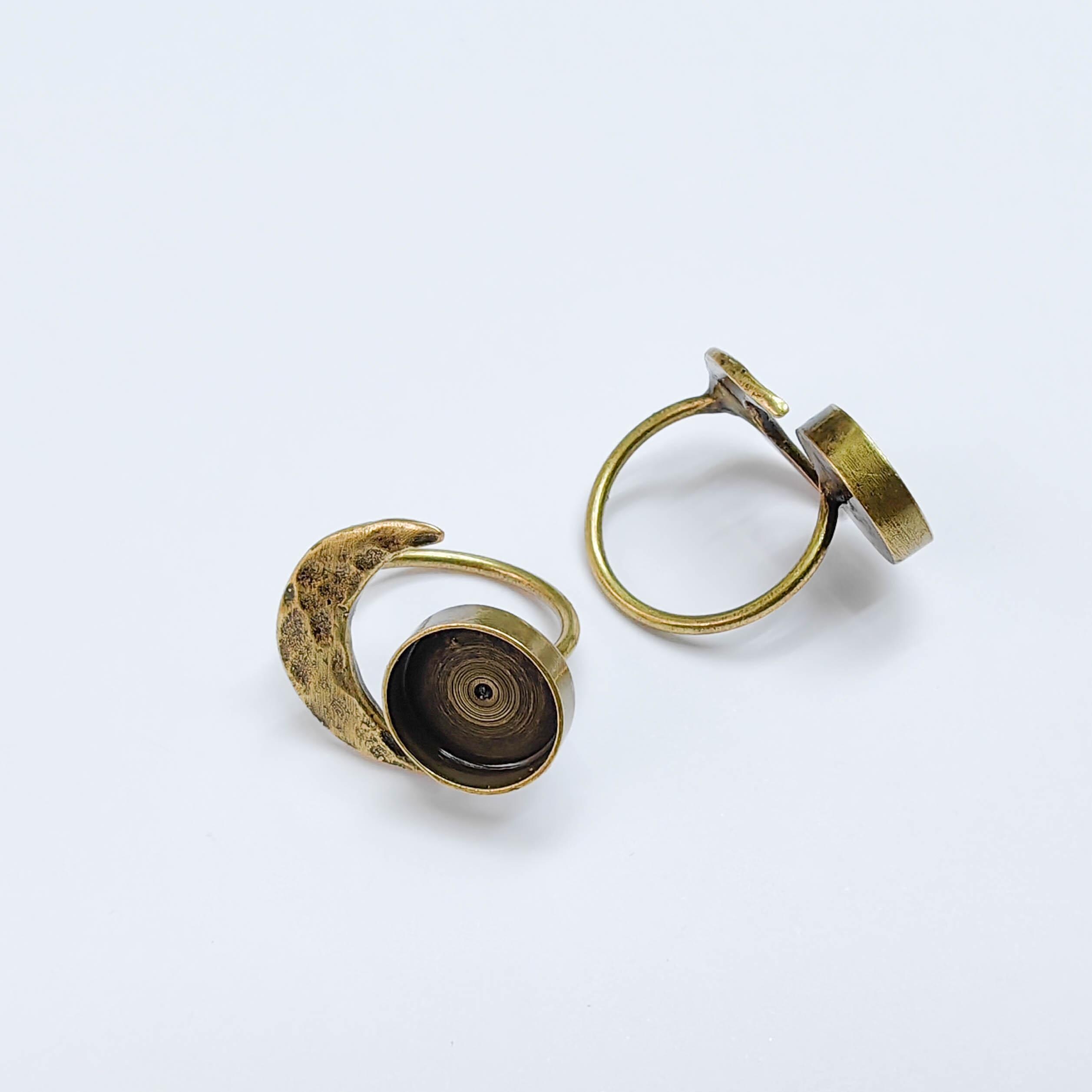 Crescent Moon Adjustable Ring, 12mm Bezel Setting, Antique Bronze