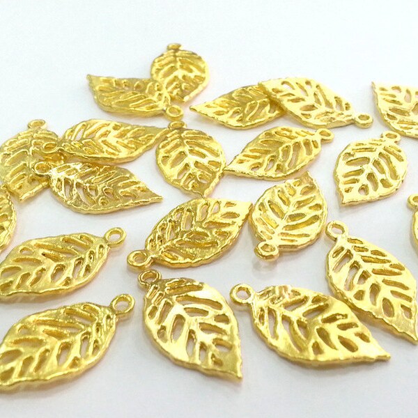 6 Pcs (24x12 mm)  Leaf Charms  , 22K Gold Plated Metal G2705